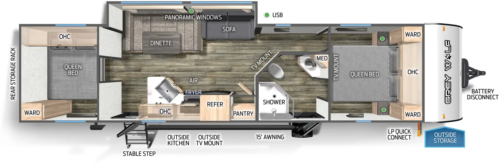 The 29QB has one slide out and two entry doors. Exterior features include a rear storage rack, rear stable step entry, outside kitchen, outside TV mount, 15 foot awning, LP quick connect, outside storage, and battery disconnect. Interior layout front to back: queen bed with overhead cabinet, wardrobes on each side, and TV mount; door side aisle full pass through bathroom with medicine cabinet; TV mount along inner wall; off-door side slide out with sofa, dinette and panoramic windows; door side pantry, refrigerator, air fryer, overhead cabinet, peninsula kitchen countertop with sink and second entry; rear room with queen bed, overhead cabinet, and wardrobe.